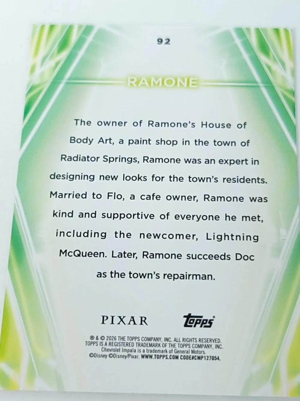 Ramone Cars Topps 2026 Disney Neon Holo Parallel Refractor Limited 115/199 - Picture 4 of 4